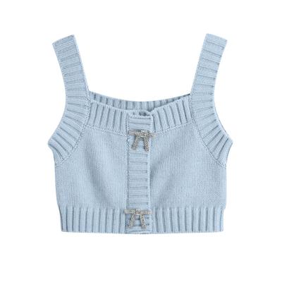 China Women's Breathable Solid Knitted Crop Tops Knitted Wide Tops Female Summer Tank Collar Square Rhinestone Button Straps Sweater Casual Chic Vest for sale