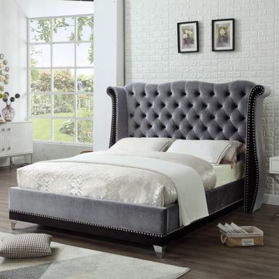 China Fabric Adorned Dark Gray Queen Upholstered Modern King Bed Frame for sale