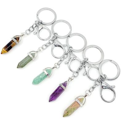 China Fashion Bag Accessories Natural Gemstone Key Chain With Pendulum Crystal Jewelry Point Charms Necklace Reiki Chakra Healing Quartz Hexagon for sale