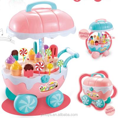 China 2020 Plastic Kitchen Sets Toy Cooking Cabinet Pink And White Girl Ice Cream Cart DIY Cake Cart for sale