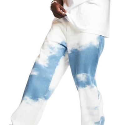 China Breathable Men's Casual Loose Tie Dye Print Sky Blue Pants Straight Jeans Pants for sale