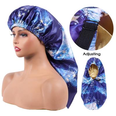 China Sleep Hoods With Belt Band 2022 New Women's Hair Sleep Hat Tie Dye Gradient Double Layer Starry Wig Cap With Belt Band Black Satin Silk Silk Hood For Women for sale