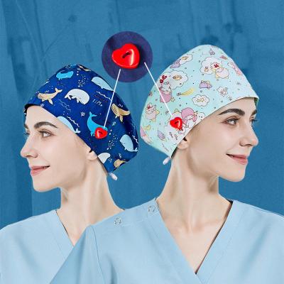 China Wholesale Cute Nurse Accessories Cotton Sweat-absorbent Cartoon Printing Medical Adjustable Hat Hoods Sweat-absorbent Hats Unisex for sale