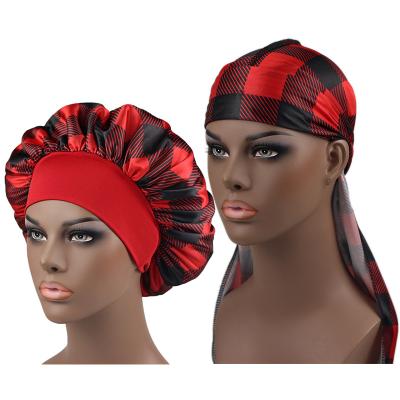 China Multifunctional In Stock Factory Wholesale Check Printed Color Matching Hoods And Durags Sets Plaid Du Rag Silk Satin Durags For Men for sale