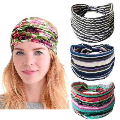 China Wholesale Yoga Boho Travel Sports Headband Yoga Headband Tropical Print Elastic Hair 15cm Wide Women Yoga Sports Headbands for sale