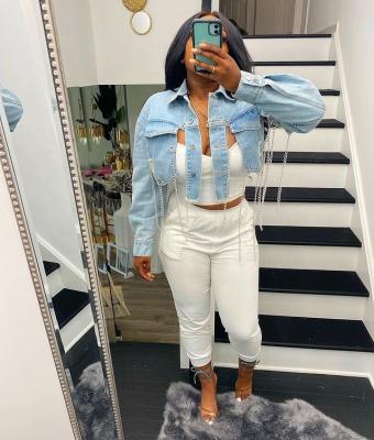 China High quality custom made sexy chain waterproof turn down collar denim jacket women full sleeve jeans jacket for sale