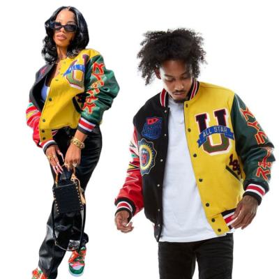 China Breathable College Couples Unisex Embroidery Custom Design Hip Hop Baseball Satin Bomber Sleeve Real Leather College Jacket for sale