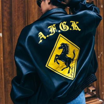 China Custom varsity varsity leather jacket turn down collar embroidery logo waterproof baseball leather bomber for men for sale