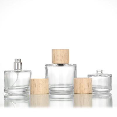 China round clear transparent wooden cap perfume glass bottles custom luxury 100ml perfume bottle package box for sale