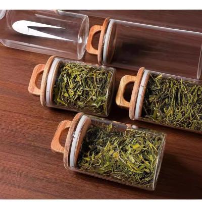 China candy kitchen thick borosilicate tea coffee food storage container airtight acacia wood jar canister set for sale