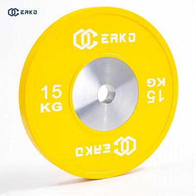 China Eako Universal Sports Barbell Bumper Color Weightlifting Fitness Competition Plates 15kg Rubber Bumper Plate for sale