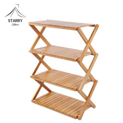 China Outdoor Camping Raising Storage Moving Outdoor Folding Rack 4 Layers Storage Wood Shelf Camping Shelf for sale