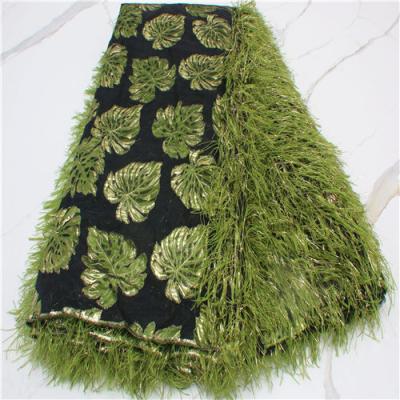 China Viable Olive Green French Lace Feather Lace Fabric Jacquard Brocade Lace Fabrics For Dress Dress 4311B for sale