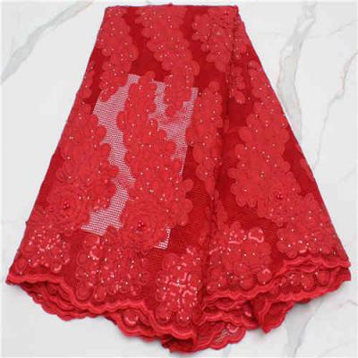 China Viable French Net Lace With Order Embroidery Lace Fabric With African Red Beads Lace Fabrics For Dress 4287B for sale