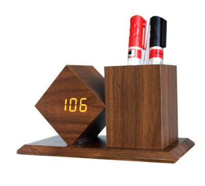 China Calendars Maker Custom Decor Square Wooden Stand Child Desk Table Wooden Digital Led Alarm Clock with Pen Holder for sale