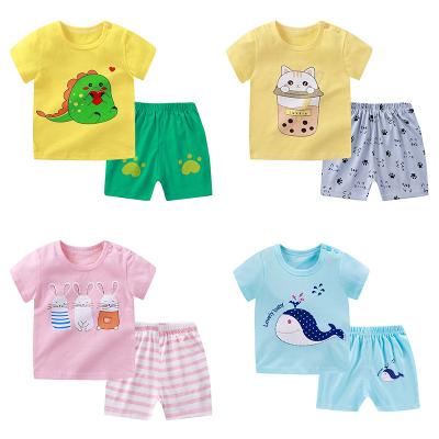 China Wholesale 73-120cm Cartoon Print Panties 2pcs Baby Kids Anti-Shrink Cotton Short Sleeve T-shirt Clothing Summer Short Suit for sale