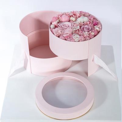 China Recyclable Round Double-Layer Gift Box Open Window PVC Rotating Flower Box With Ribbon Packing Box for sale