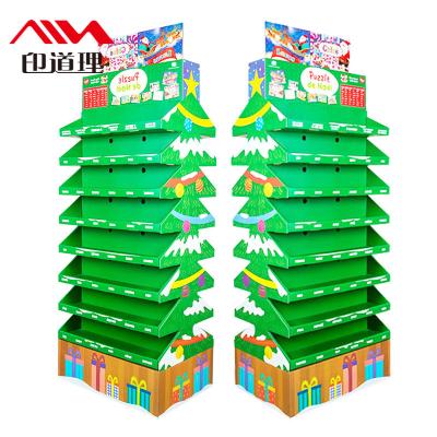 China Customized Size Recyclable Waterproof 3 Tray Paper Shelf Cardboard Stand Printing Corrugated Floor Display Rack For Supermarket Retail Store for sale