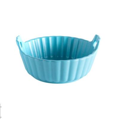 China 2021 New Home Creative Color Chandelier Restaurant Ceramic Round Double Ear Baking Pan With Handle for sale