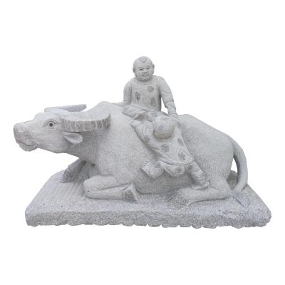 China Traditional Outdoor Granite Cattle Herding Decorative Stone Animal Boy Sculpture Buffalo Carving Ornaments for sale