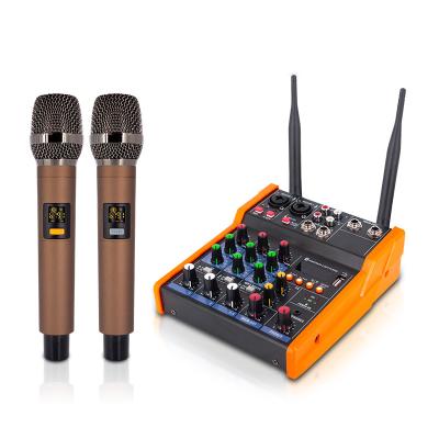 China Noise Canceling Professional 4 Channel Mixer With UHF Wireless Microphone Mixer Console Karaoke DJ Controller Mini Audio Noise for sale