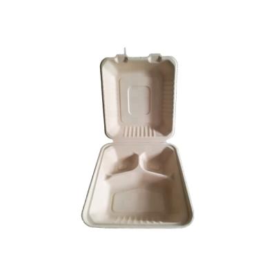 China Hot Water and Grease Heavy Duty 3 Compartment Bagasse Takeout Food Container Pulp Clamshell Box Biodegradable for sale