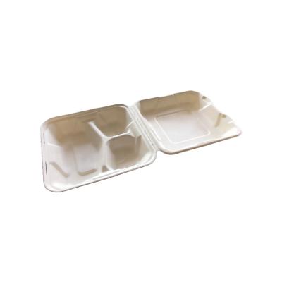 China Hot Water And Grease 8 Inch 3 Compartment Sugar Cane Pulp Heavy Duty Clamshell Box Biodegradable Food Container for sale