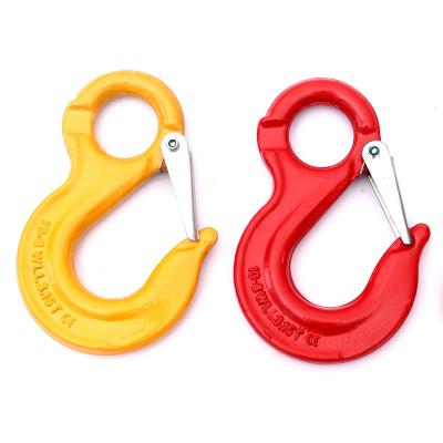 China Heavy Industry Powder Coated G80 Eye Crane Hook Drop Forged Latch G80 Eye Sling Hook With Latch for sale