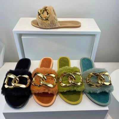 China PDEP China Factory Drop Shipping Fashion Women Gold Anti-slippery Fur Chain Slippers Ladies Furry Plush Flat Sandals 2022 for sale