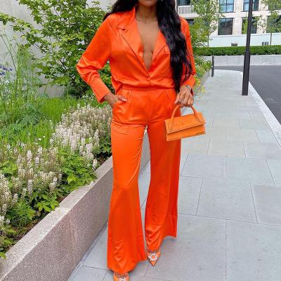 China New fashion breathable orange color PDEP silk shirt and loose cool pants 2 pieces set dress suits for women shirt for sale