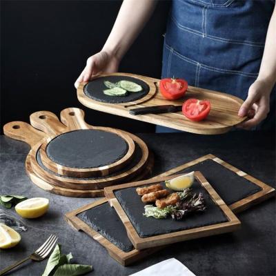 China Sustainable Wooden Serving And Set Slate Serving Rustic Round Acacia Removable Wooden Cheese Board for sale