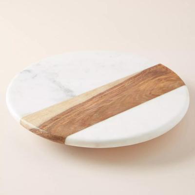 China New Chinese Type Interesting Price Acacia And Marble Lazy Susan Rotating Turntable Food Storage for sale