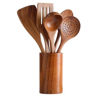 China Sustainable Farmhouse Restaurants 6pcs Natural Wood Kitchen Cooking Utensil Set With Rack for sale