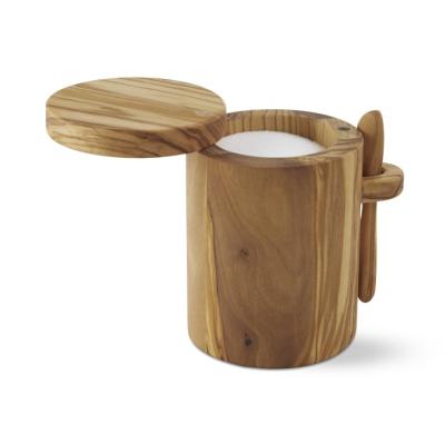 China Environmentally Friendly Olive Wood Spice Keeper Wooden Salt Bowl With Spoon for sale