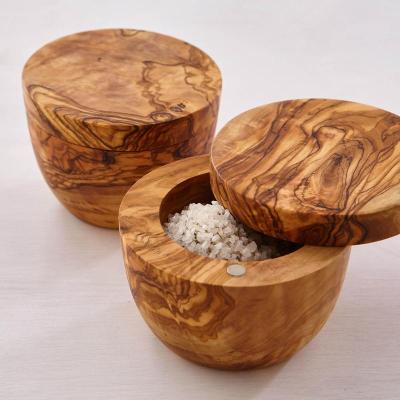 China Sustainable Natural Olive Wood Pepper Box Sugar Keeper Salt Cellar With Lid for sale