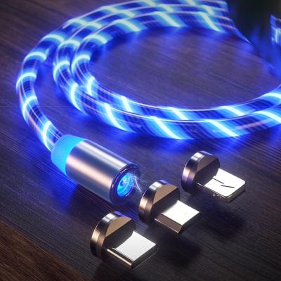 China Charging + Data Sending 3 Custom Magnetic In 1 Fast Charging USB Cable Phone Flowing Light Accessories Led Micro Illuminated Type C Type Lighting Data Cables for sale