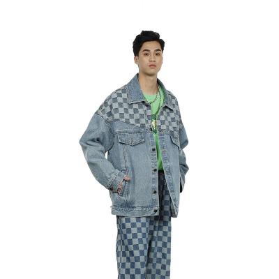 China 2022 Spring Checkerboard Denim Suit Mens Breathable Loose Lapel Jacket for sale