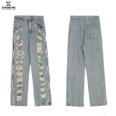 China QUICK DRY side cross drawstring ripped jeans men's vintage trend straight nine point loose and thin pants for sale