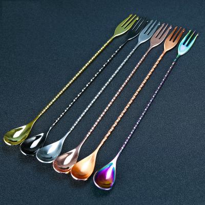 China 30/40cm Cocktail Bar Spoon Viable 304 Stainless Steel Bar Spoon With Fork Twisted Stir Spoon Bar Mixing Tool for sale