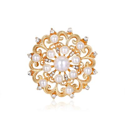 China ALLOY Vintage Gold Round Pearl Rhinestone Flower Brooches For Women Enamel Brooch Pins Jewelry Accessories for sale