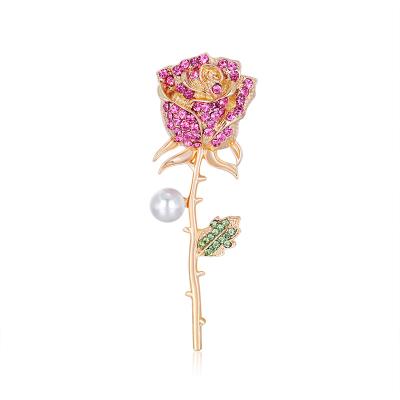 China Crystal Pink Rhinestone Pearl Rose Brooches For Women Enamel Brooch Pins Jewelry Accessories for sale