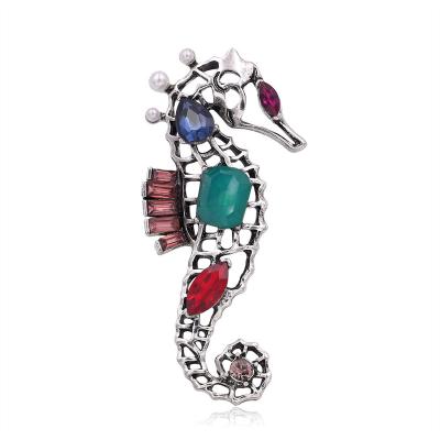 China Crystal Retro Personality Hippocampus Cartoon Brooch Pin Ocean Series Women Badge Jewelry Luxury Wedding Gift for sale