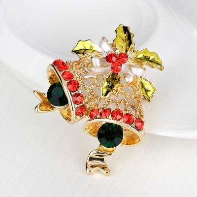 China Crystal Fashion Hollow Out Christmas Bells Gold-color Rhinestone Brooch Pins For Women And Girls Christmas Gift Jewelry for sale