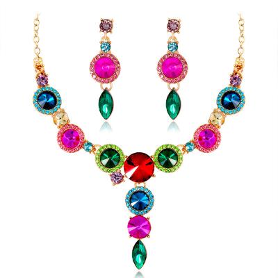 China Crystal Luxury Gold Necklace Drop Dangle Colorful Red White Blue Green Earrings Jewelry Set For Women for sale