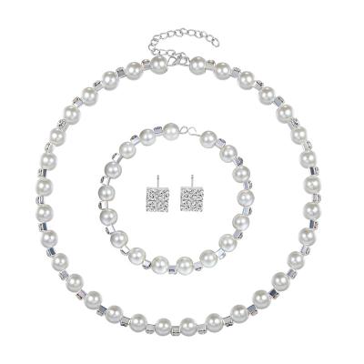 China PEARL New Fashion Rhinestone Women Soft Simulated Pearl Bracelet Necklace Earrings 3-Piece Jewelry Sets for sale