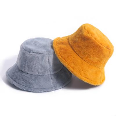 China Custom Logo Vintage Faux Fur Fisherman Hat New Winter Plush Fur Bucket Hat Soft Warm Bucket Hat for sale