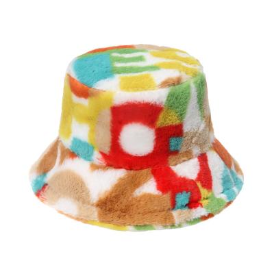 China Fashion\Comfortable Girls 2022\Goods Designer Vintage Furry Colorful Bucket Hat Letter Print Faux Fur Bucket Hat for sale