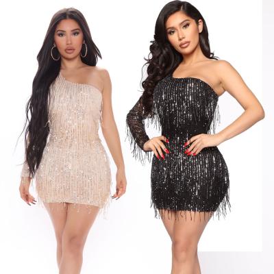 China V084 Anti-Static Tailor Style Sequin Tassel Dress Dance Woman Fashion Club Dress for sale