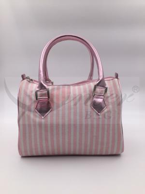 China Tipo redondo las bolsas de asas del viaje del diseño para la manija elegante de la PU de la raya dos rosados de las mujeres en venta