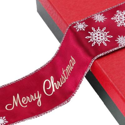 China Viable Hot Sale Gold Foil Printed Satin Organza Christmas Tree Decoration Red Green Grosgrain Ribbon for sale